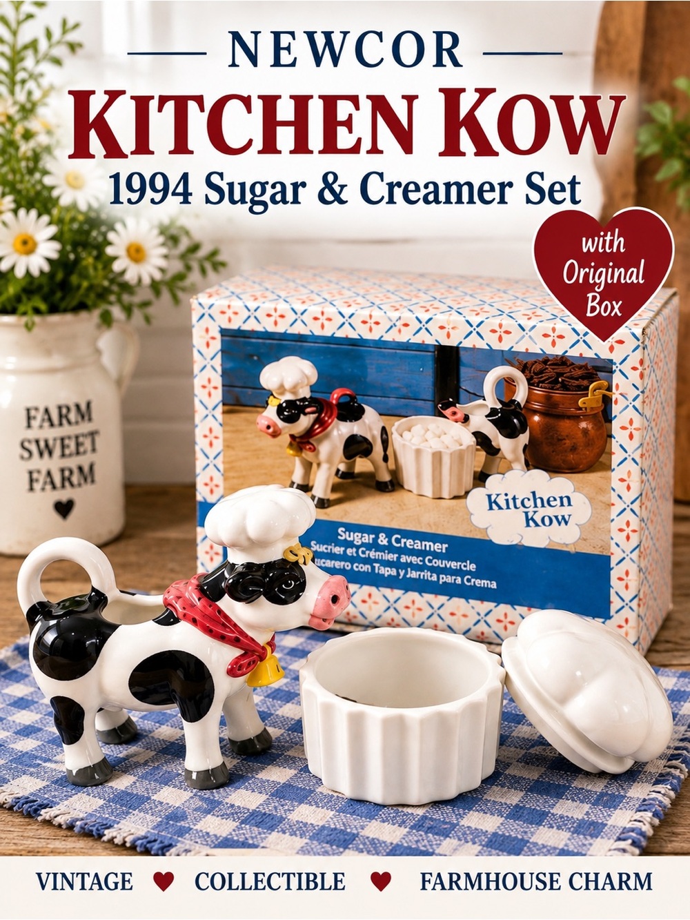 Newcor Kitchen Kow Cow Creamer Sugar Bowl Set 1994 Stoneware Vintage Box